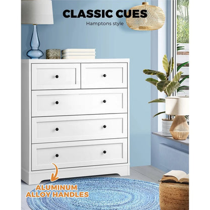 COD-HAMP-5D-WH-AB Oikiture 5 Chest of Drawers Tallboy Cabinet Dresser Storage Hamptons Furniture