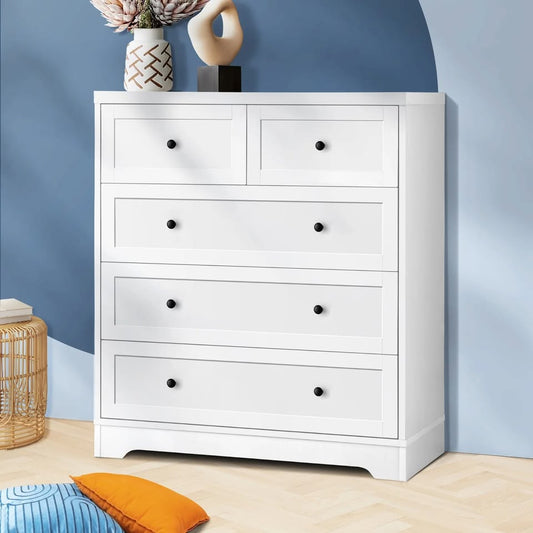 COD-HAMP-5D-WH-AB Oikiture 5 Chest of Drawers Tallboy Cabinet Dresser Storage Hamptons Furniture