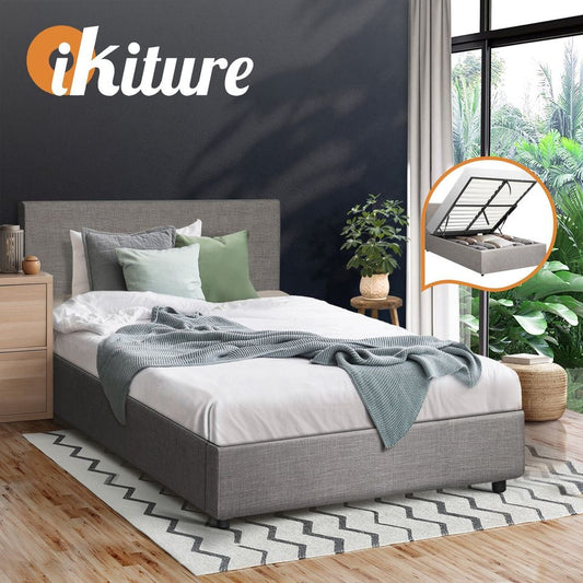 BF-B-UNO-S-GY-ABC Oikiture Bed Frame King Single Size Gas Lift Mattress Base With Storage Fabric Grey