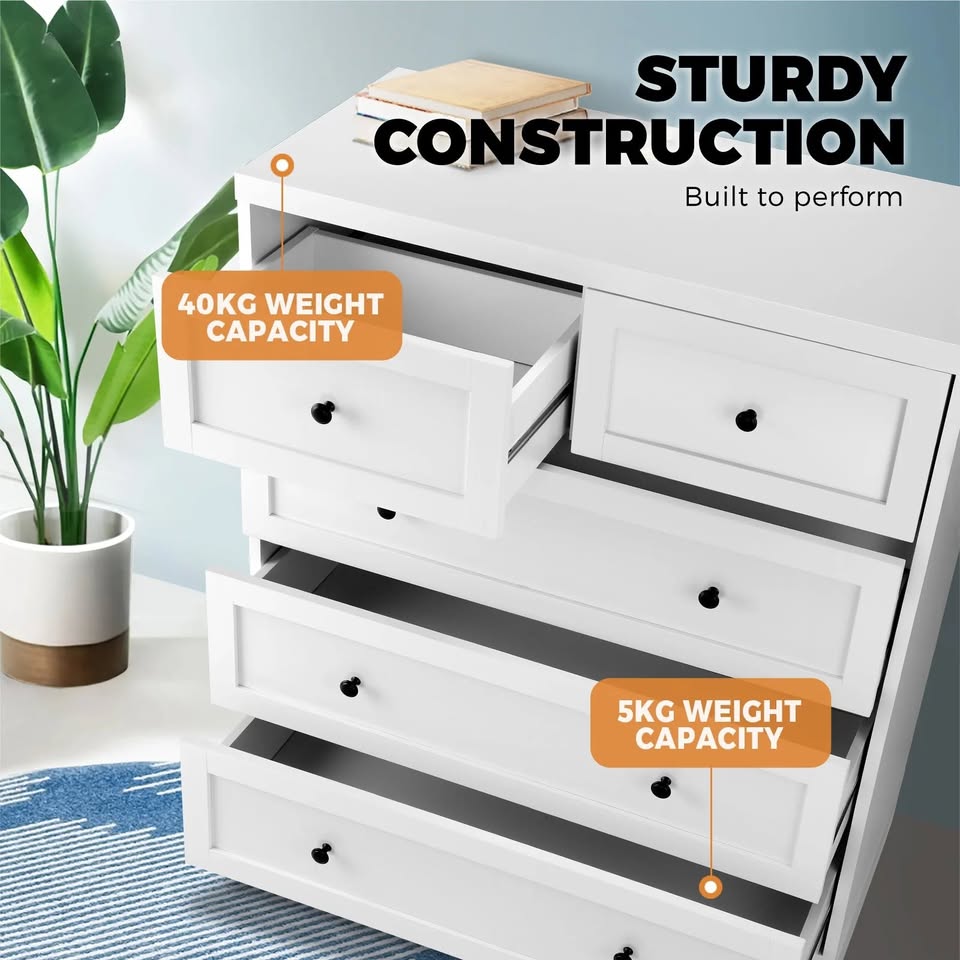 COD-HAMP-5D-WH-AB Oikiture 5 Chest of Drawers Tallboy Cabinet Dresser Storage Hamptons Furniture
