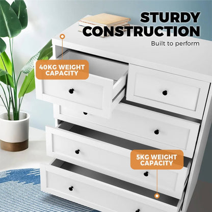 COD-HAMP-5D-WH-AB Oikiture 5 Chest of Drawers Tallboy Cabinet Dresser Storage Hamptons Furniture