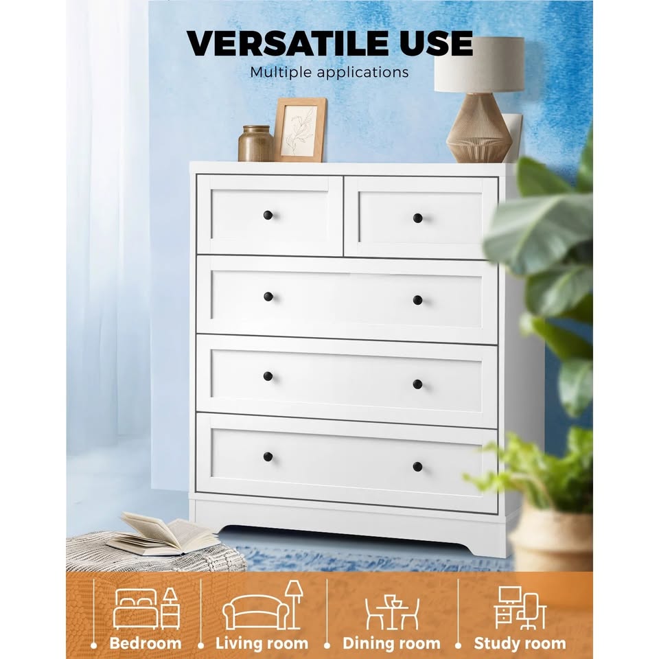 COD-HAMP-5D-WH-AB Oikiture 5 Chest of Drawers Tallboy Cabinet Dresser Storage Hamptons Furniture