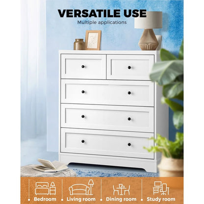 COD-HAMP-5D-WH-AB Oikiture 5 Chest of Drawers Tallboy Cabinet Dresser Storage Hamptons Furniture