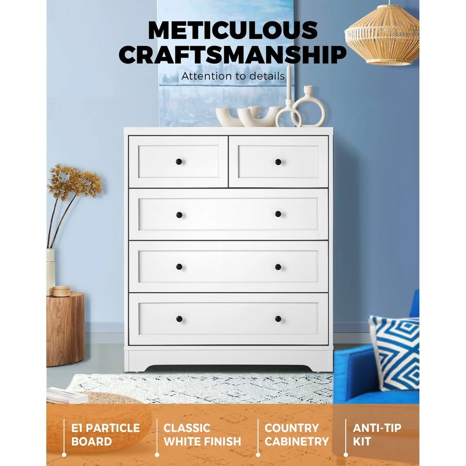 COD-HAMP-5D-WH-AB Oikiture 5 Chest of Drawers Tallboy Cabinet Dresser Storage Hamptons Furniture