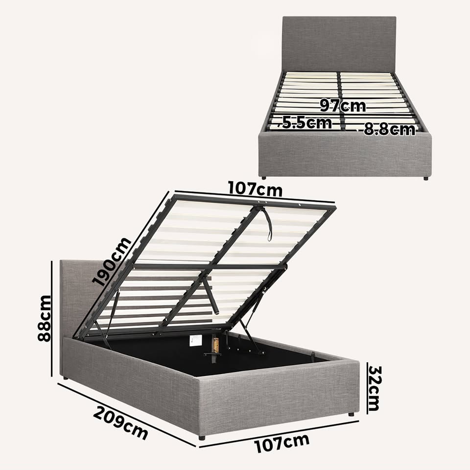 BF-B-UNO-S-GY-ABC Oikiture Bed Frame King Single Size Gas Lift Mattress Base With Storage Fabric Grey