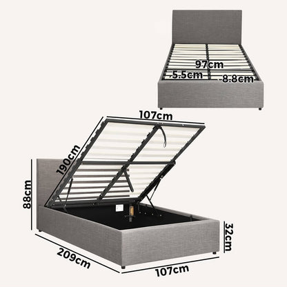 BF-B-UNO-S-GY-ABC Oikiture Bed Frame King Single Size Gas Lift Mattress Base With Storage Fabric Grey