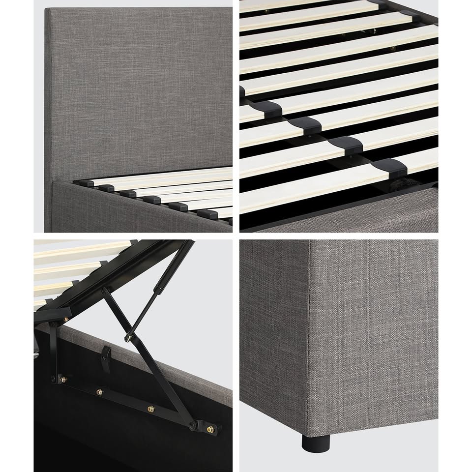 BF-B-UNO-S-GY-ABC Oikiture Bed Frame King Single Size Gas Lift Mattress Base With Storage Fabric Grey