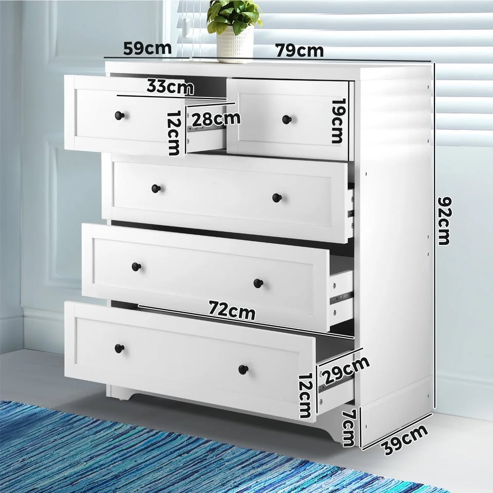 COD-HAMP-5D-WH-AB Oikiture 5 Chest of Drawers Tallboy Cabinet Dresser Storage Hamptons Furniture