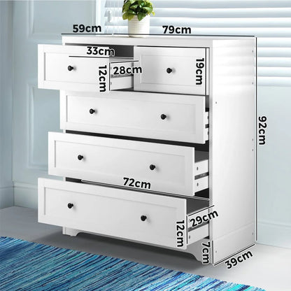 COD-HAMP-5D-WH-AB Oikiture 5 Chest of Drawers Tallboy Cabinet Dresser Storage Hamptons Furniture