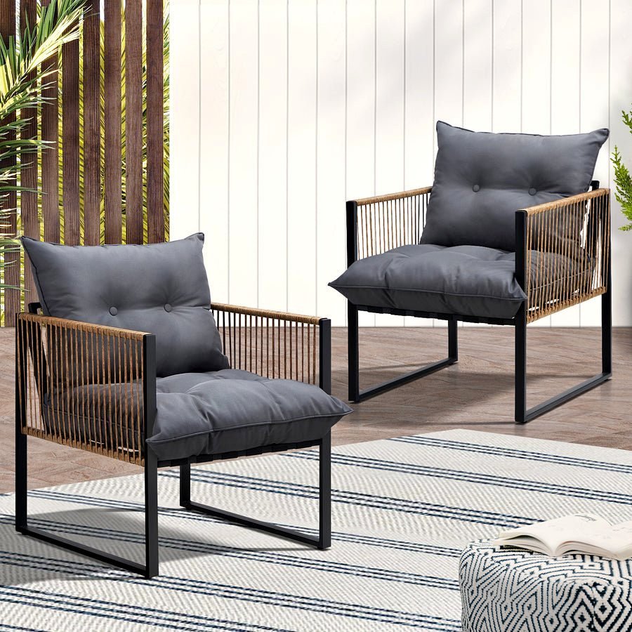 OPS-KUDA-CH-BR-2PC 2Pcs Outdoor Furniture Chairs Garden Patio Garden Lounge Set PE Wicker