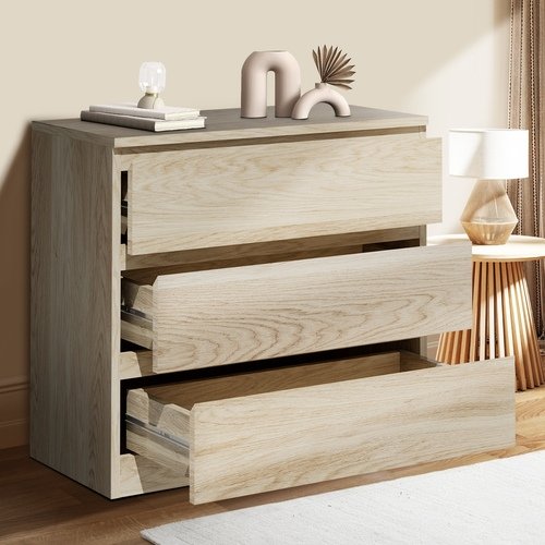 COD-VJ-LIZ-3D-WD-AB Oikiture 3 Chest of Drawers Lowboy Dresser Table Natural
