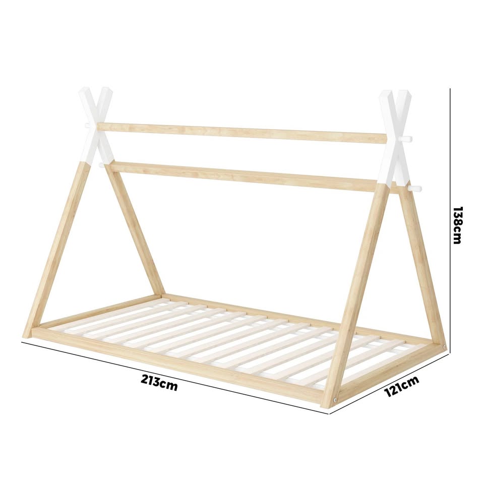 BF-W-B-TIP2-KS-WHWD Oikiture Kids Bed Frame Wooden Timber King Single Teepee House Frame Beds