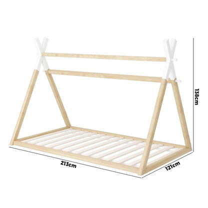 BF-W-B-TIP2-KS-WHWD Oikiture Kids Bed Frame Wooden Timber King Single Teepee House Frame Beds