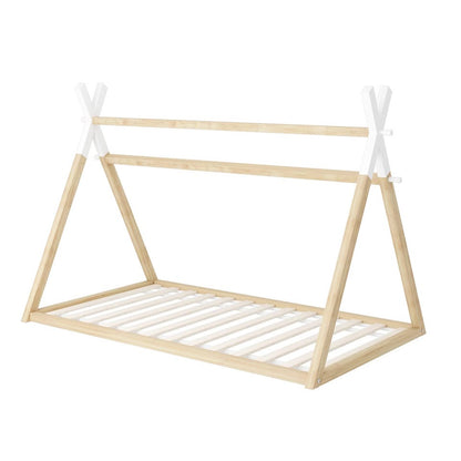 BF-W-B-TIP2-KS-WHWD Oikiture Kids Bed Frame Wooden Timber King Single Teepee House Frame Beds