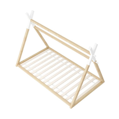 BF-W-B-TIP2-KS-WHWD Oikiture Kids Bed Frame Wooden Timber King Single Teepee House Frame Beds