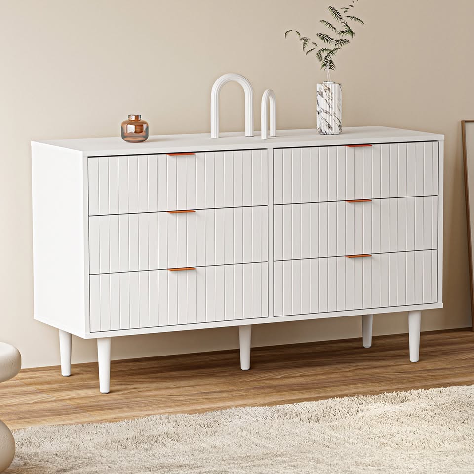 COD-PUTI-6D-WH-AB Ylona 6 Drawer Ribbed Chest