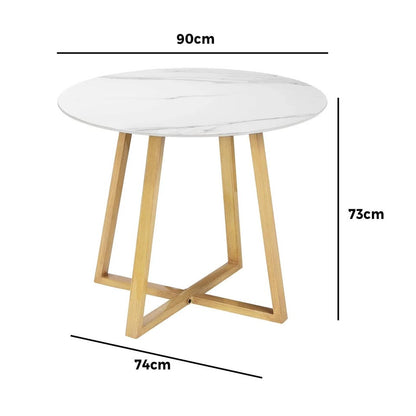 ODDS-MARBLE-90-WD Livsip 90cm Outdoor Dining Table Marble Finish Top Steel Frame Weather Resistant white gold