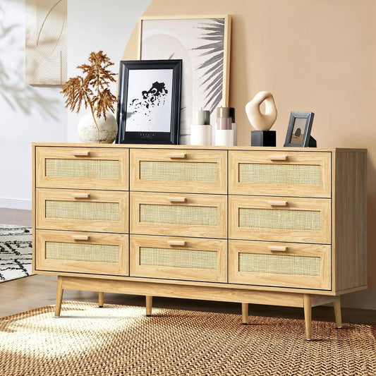 COD-A7-9D-WD-AB Oikiture 9-Door Rattan Chest of Drawers Nine Drawers Lowboy Storage Cabinet wood