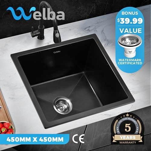 GSK-4545-BK Welba Kitchen Sink Granite Basin Single Bowl 45cmx45cm Black