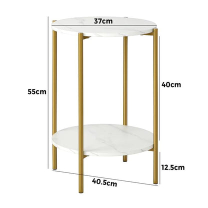 CTB-GINS-R40-WHGD Side End Table Coffee Sofa Bedside Nightstand Marble Round Dual-Tier