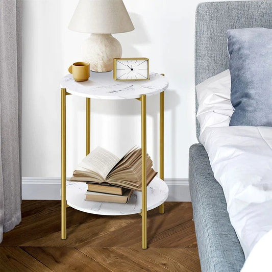 CTB-GINS-R40-WHGD Side End Table Coffee Sofa Bedside Nightstand Marble Round Dual-Tier