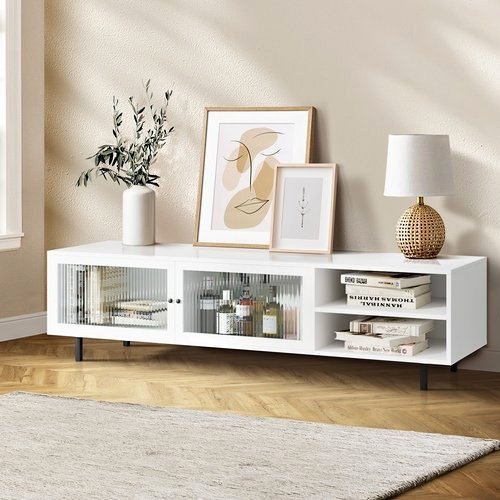 EU-UNIQ-03-WH-AB Oikiture TV Cabinet Tempered-glass Doors Storage Shelf