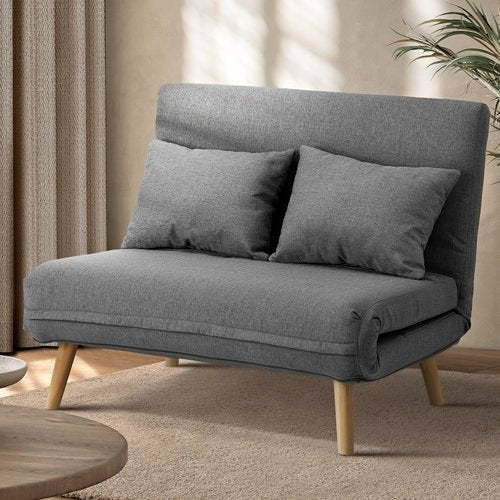 SFB-ES-HARA-M-GY Oikiture Lounge Sofa Bed Linen Fabric Double Seat Grey