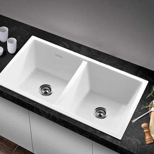 GSK-7745D-WH Welba Kitchen Sink Basin Stone Sink Bathroom Laundry Double Bowl 770mmx450mm WH