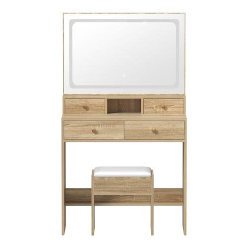 DT-ST-B23-WD-AB Oikiture Dressing Table Stool Set LED Mirror Vanity Desk with Drawers Natural