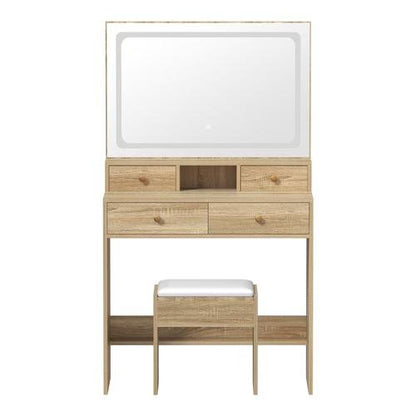 DT-ST-B23-WD-AB Oikiture Dressing Table Stool Set LED Mirror Vanity Desk with Drawers Natural