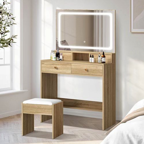 DT-ST-B23-WD-AB Oikiture Dressing Table Stool Set LED Mirror Vanity Desk with Drawers Natural