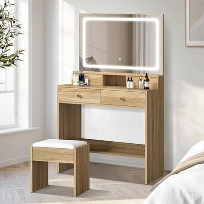 DT-ST-B23-WD-AB Oikiture Dressing Table Stool Set LED Mirror Vanity Desk with Drawers Natural