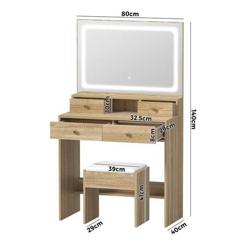 DT-ST-B23-WD-AB Oikiture Dressing Table Stool Set LED Mirror Vanity Desk with Drawers Natural