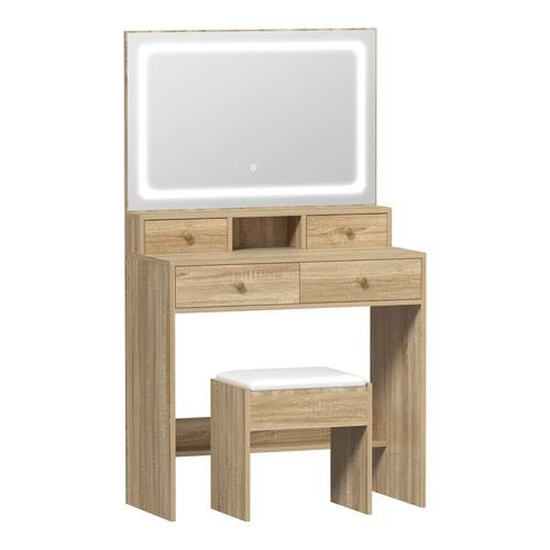 DT-ST-B23-WD-AB Oikiture Dressing Table Stool Set LED Mirror Vanity Desk with Drawers Natural