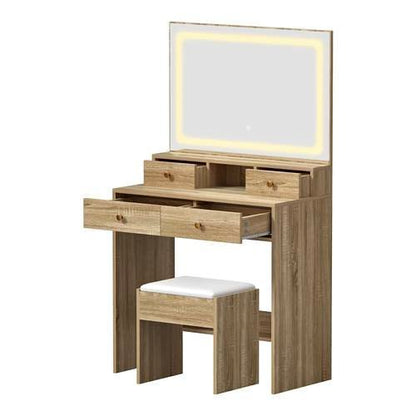 DT-ST-B23-WD-AB Oikiture Dressing Table Stool Set LED Mirror Vanity Desk with Drawers Natural