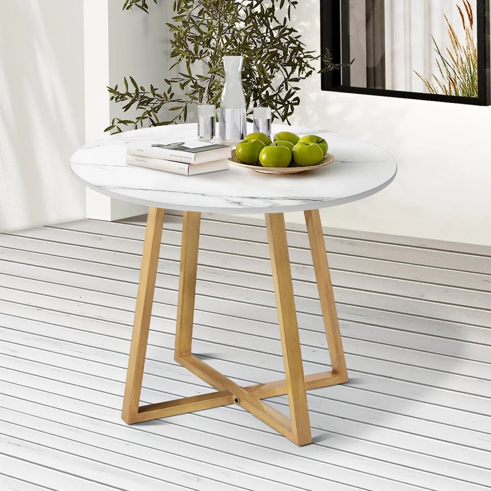 ODDS-MARBLE-90-WD Livsip 90cm Outdoor Dining Table Marble Finish Top Steel Frame Weather Resistant white gold