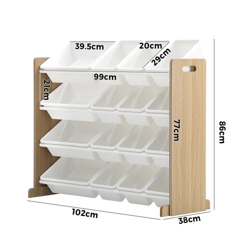 ST-KID-GENIS-WHWD Oikiture 16 Bins 4-Tier Kids Toy Organiser Storage Rack
