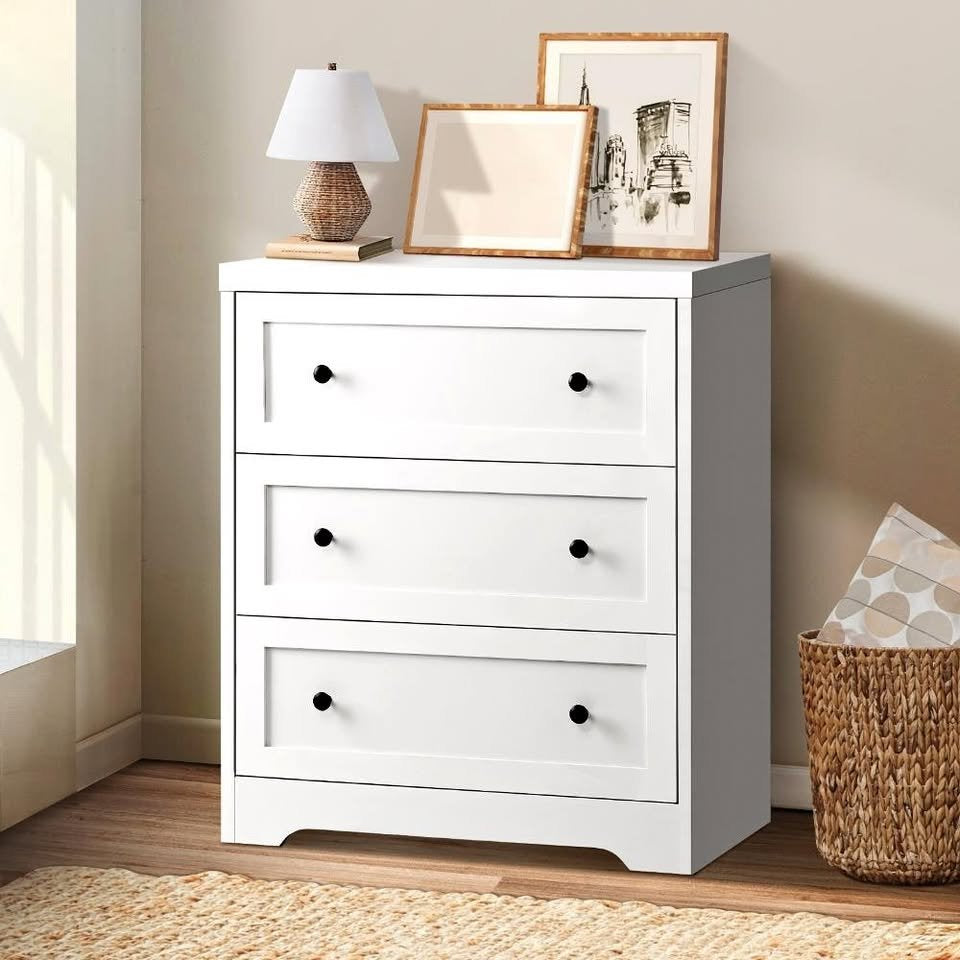 COD-HAMP-3D-WH Oikiture 3 Chest of Drawers Tallboy Cabinet Bedside Table Hamptons Furniture