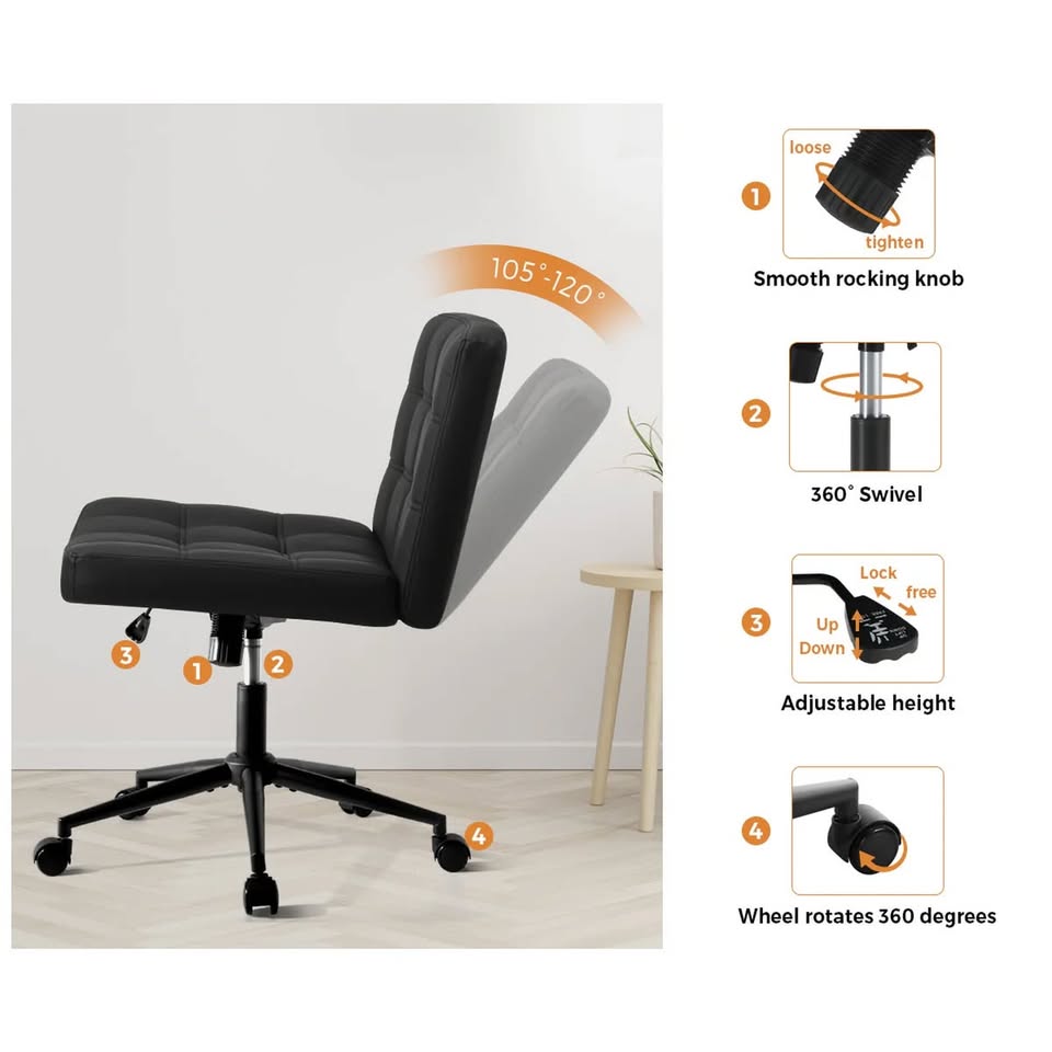 OCH-E1-SQ-OF-LEA-BK Oikiture Mid Back Armless Office Desk Chair Wide Seat PU Leather Black w/Wheels