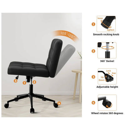 OCH-E1-SQ-OF-LEA-BK Oikiture Mid Back Armless Office Desk Chair Wide Seat PU Leather Black w/Wheels