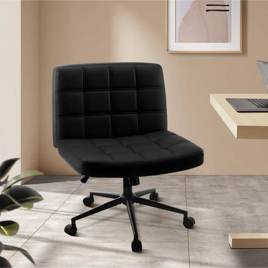 OCH-E1-SQ-OF-LEA-BK Oikiture Mid Back Armless Office Desk Chair Wide Seat PU Leather Black w/Wheels