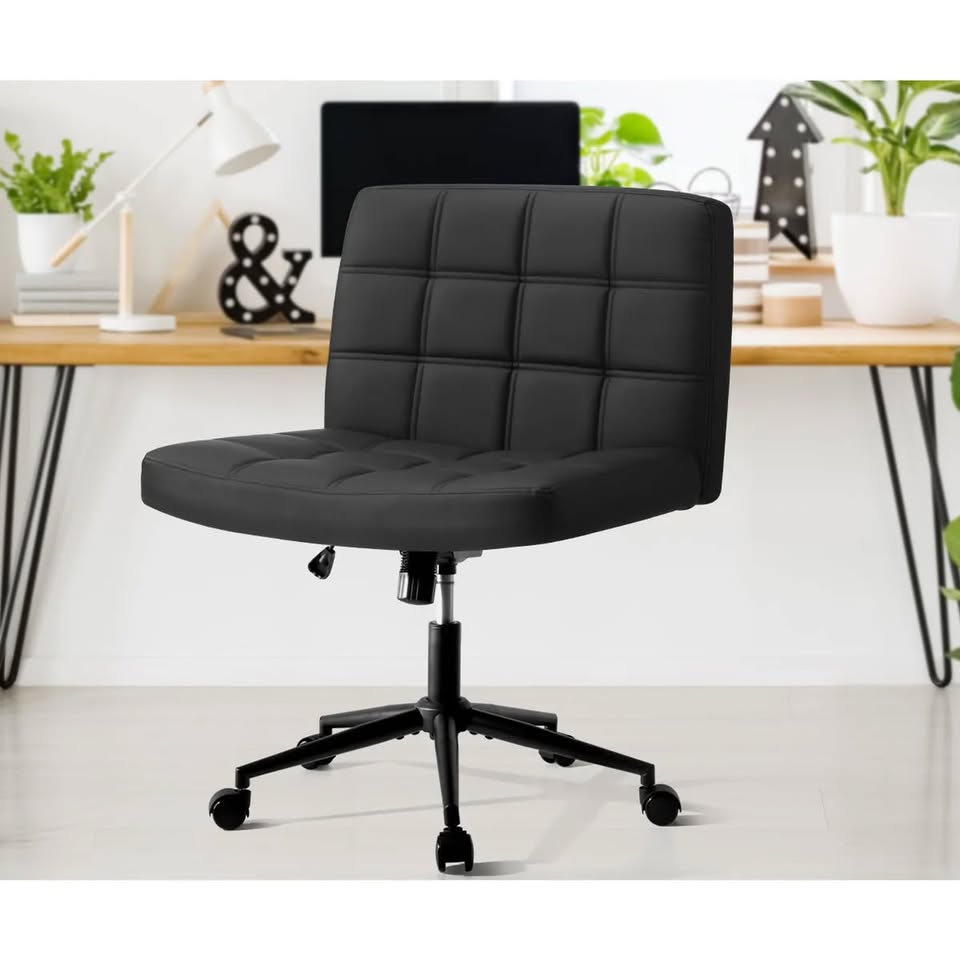 OCH-E1-SQ-OF-LEA-BK Oikiture Mid Back Armless Office Desk Chair Wide Seat PU Leather Black w/Wheels