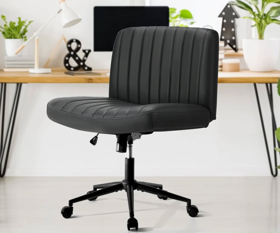 OCH-OFCROSS-LEA-BK Oikiture Mid Back Armless Office Desk Chair Wide Seat with Wheels Leather Black
