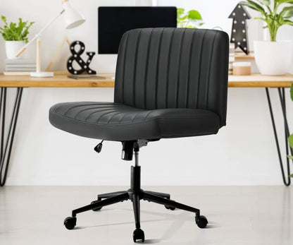 OCH-OFCROSS-LEA-BK Oikiture Mid Back Armless Office Desk Chair Wide Seat with Wheels Leather Black