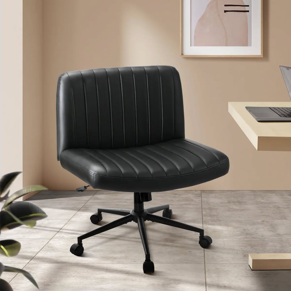 OCH-OFCROSS-LEA-BK Oikiture Mid Back Armless Office Desk Chair Wide Seat with Wheels Leather Black