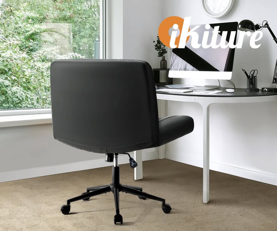 OCH-OFCROSS-LEA-BK Oikiture Mid Back Armless Office Desk Chair Wide Seat with Wheels Leather Black