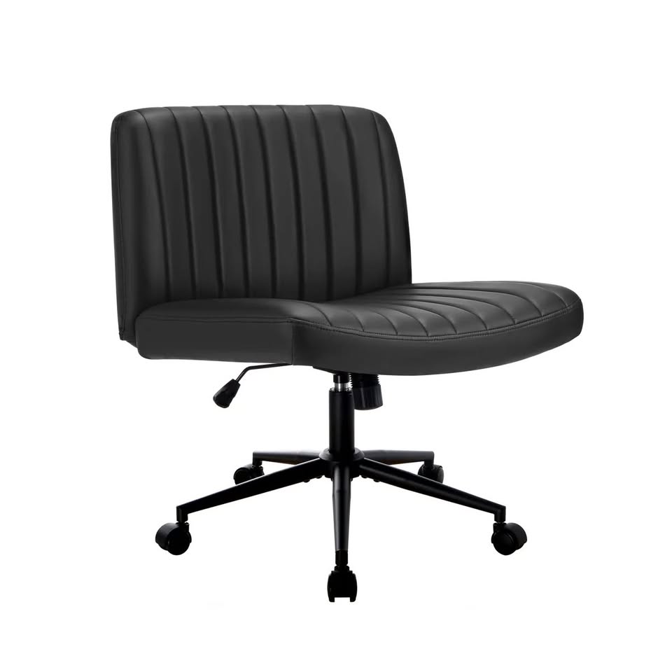 OCH-OFCROSS-LEA-BK Oikiture Mid Back Armless Office Desk Chair Wide Seat with Wheels Leather Black