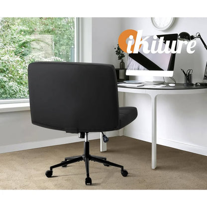 OCH-E1-SQ-OF-LEA-BK Oikiture Mid Back Armless Office Desk Chair Wide Seat PU Leather Black w/Wheels
