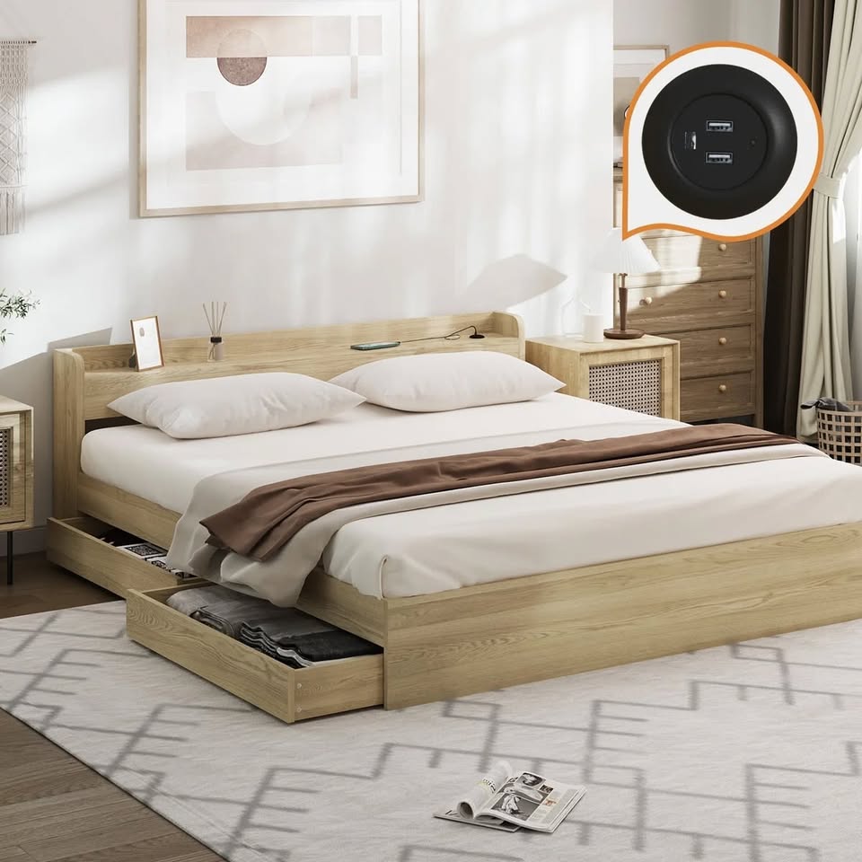BF-MEXI-K-WD-ABC Oikiture Wooden Bed Frame King Size with Charging Ports & 2 Drawers