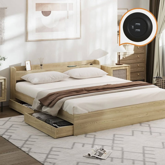 BF-MEXI-K-WD-ABC Oikiture Wooden Bed Frame King Size with Charging Ports & 2 Drawers